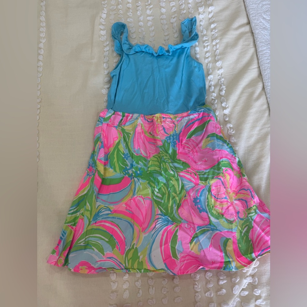 Lilly Pulitzer Pink and Blue Sundress with Flutter Sleeves Size L 8/10